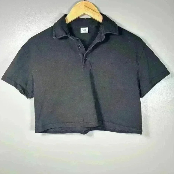 ARITZIA SUNDAY BEST Preppy Boxy Black Crop Polo Collar Button Up Top Women XS - Picture 1 of 8